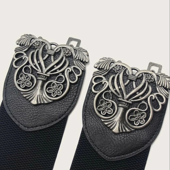 Black floral buckle corset boho elastic wide waist goth party dress belt - Picture 13 of 16